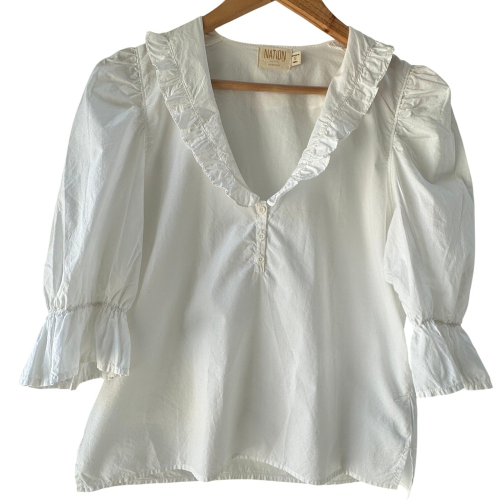 Nation LTD Honey Frilly Blouse Small White Pima Cotton Ruffle Boho Puff Sleeve